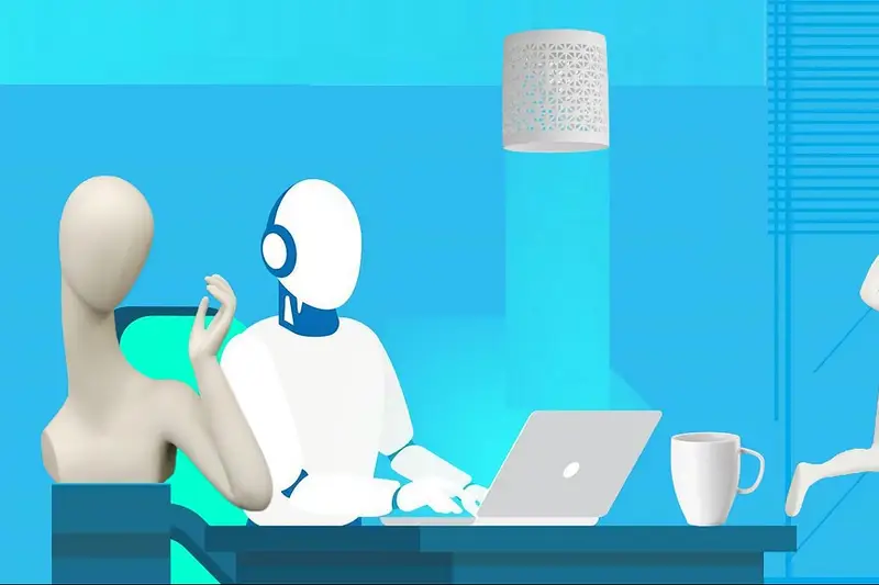 Ilustración de una persona hablando con un asistente robot