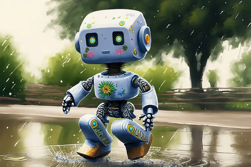Ilustración de un pequeño robot bajo la lluvia